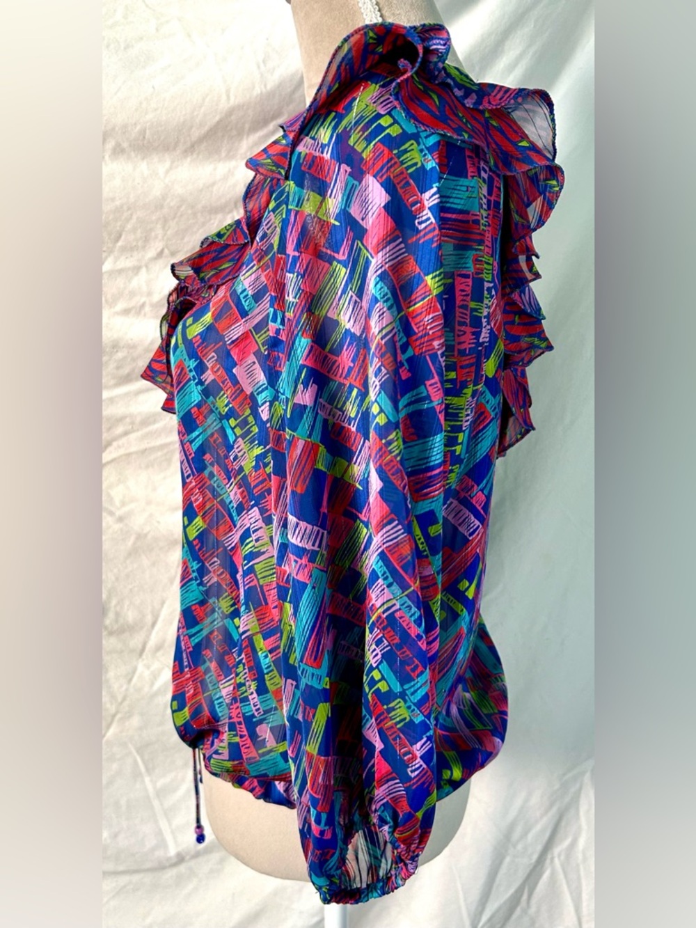 Vintage 80s Diane Freis Bold Multicolor Abstract Ruffle Drawstring Top, Size L - Picture 10 of 17
